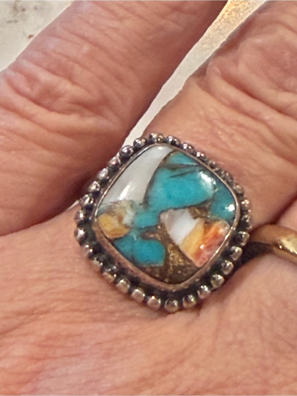 Vintage Southwestern Sterling Silver Oyster Copper Turquoise Mosaic Ring - Size